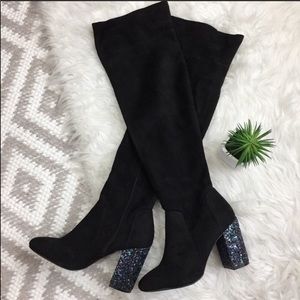 Glitter heel thigh high boots